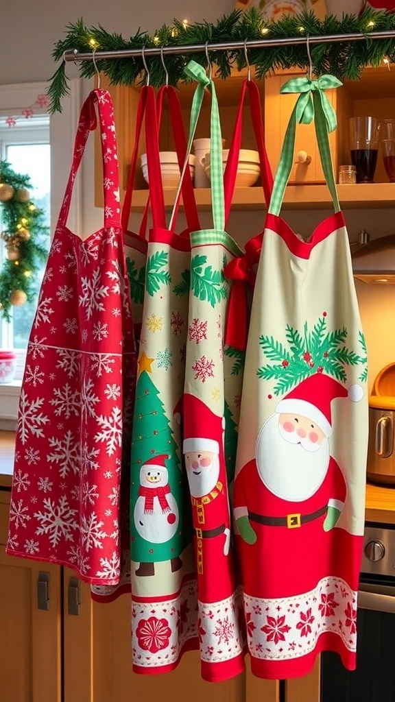 Colorful Christmas baking aprons with festive designs hanging in a decorated kitchen.